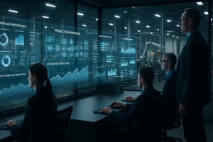 A modern hightech control room inside a manufacturing facility with a large panoramic dashboard displaying centralized data streams and automated workflows Professionals monitor supplier performance raw material inspections finished products and cust