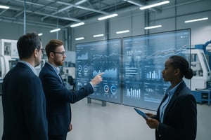 A modern manufacturing facility with advanced machinery and digital dashboards showing realtime data analytics A team of professionals analyzing dynamic graphs and KPIs on large transparent screens making rapid decisions Bright clean hightech environ