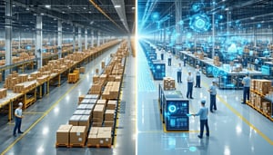 An advanced factory floor divided into two contrasting sides on the left chaotic production with scrap materials rework paper spreadsheets overwhelmed workers and piles of rejected goods on the right a clean hightech factory with realtime dashboards-3