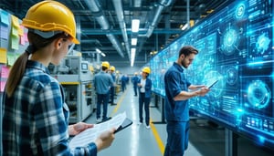 Industrial quality control environment showing a smooth transition from manual to automated operations On the left front side subtle signs of manual work a worker holding paper checklists postit notes on a wall and a phone ringing As the scene flows-1