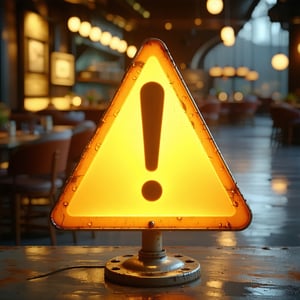 The glowing yellow warning sign boasts a contemporary aesthetic characterized by its sleek triangular shape that draws the eye It features a bold exclamation mark at its center surrounded by a soft yellow lamp that casts a gentle yet noticeable glow-1